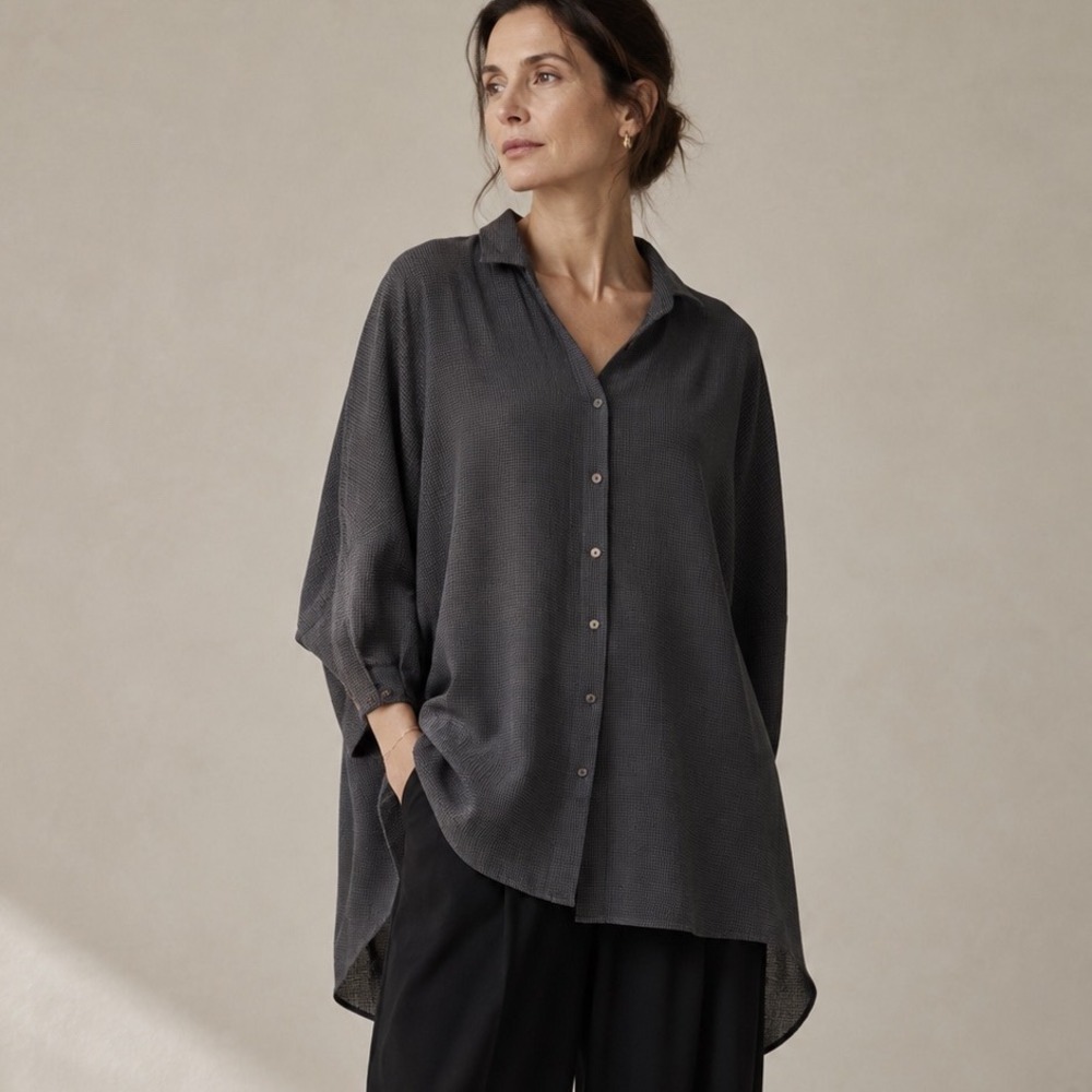 Banana Blue Australia Blue Micro Gingham‎ Oversized Tunic Shirt Small Lagenlook